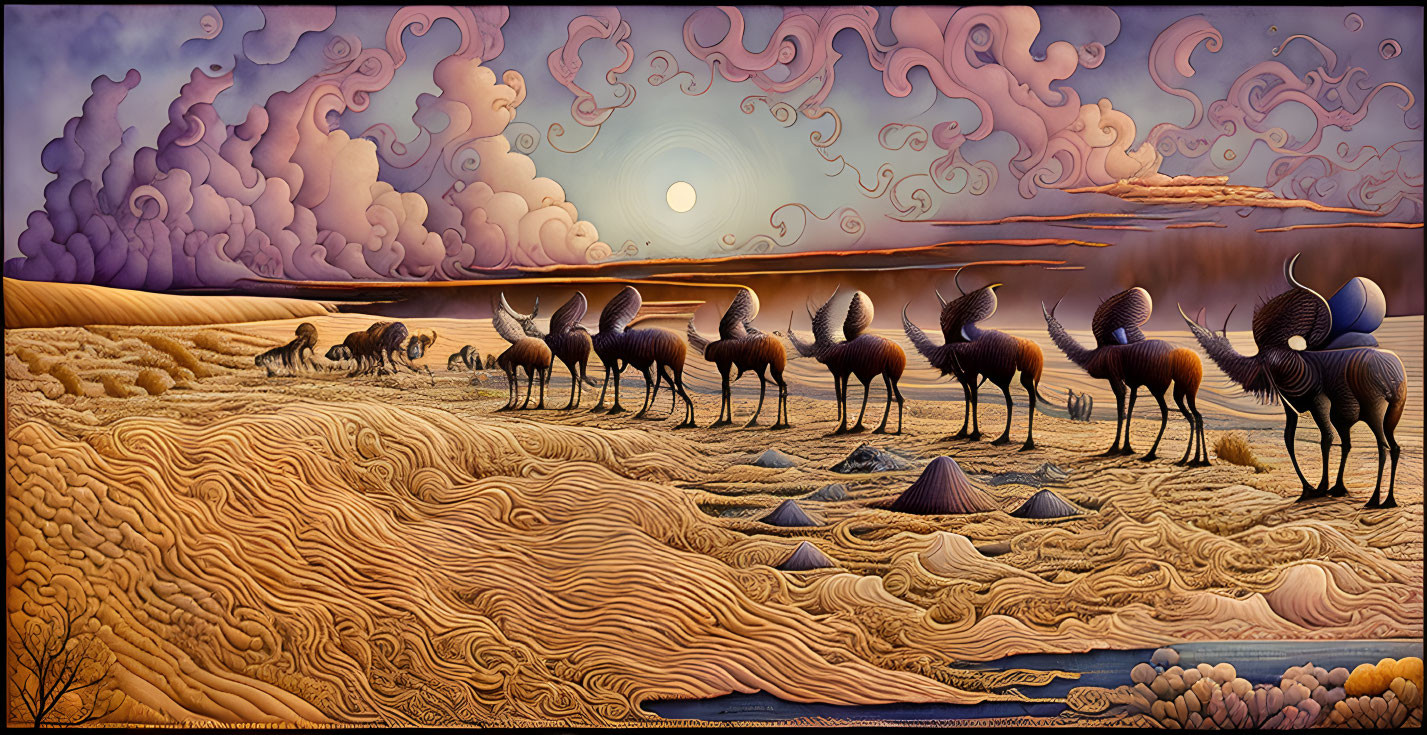 Surreal landscape with stylized rams in desert with swirling purple clouds