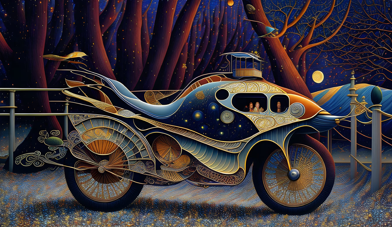 Retro-futuristic car illustration in cosmic night landscape