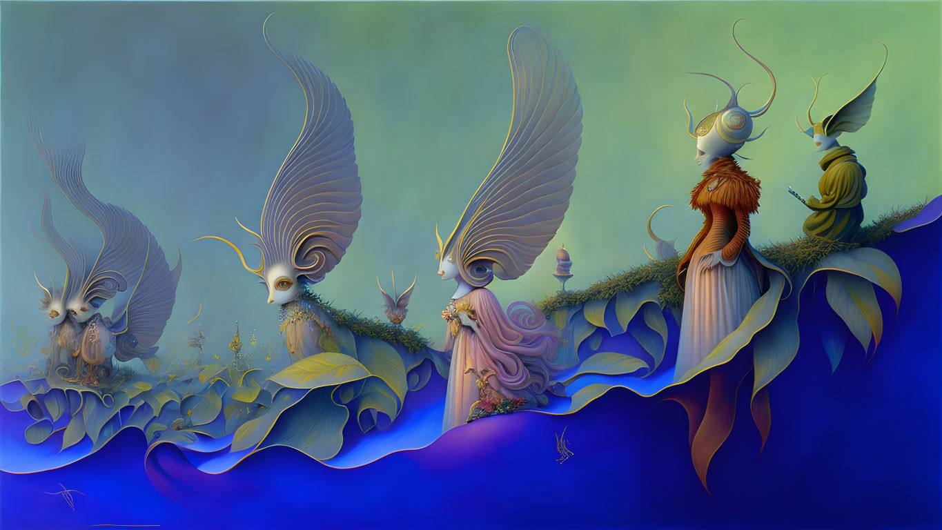 Stylized characters with ornate wings in surreal artwork