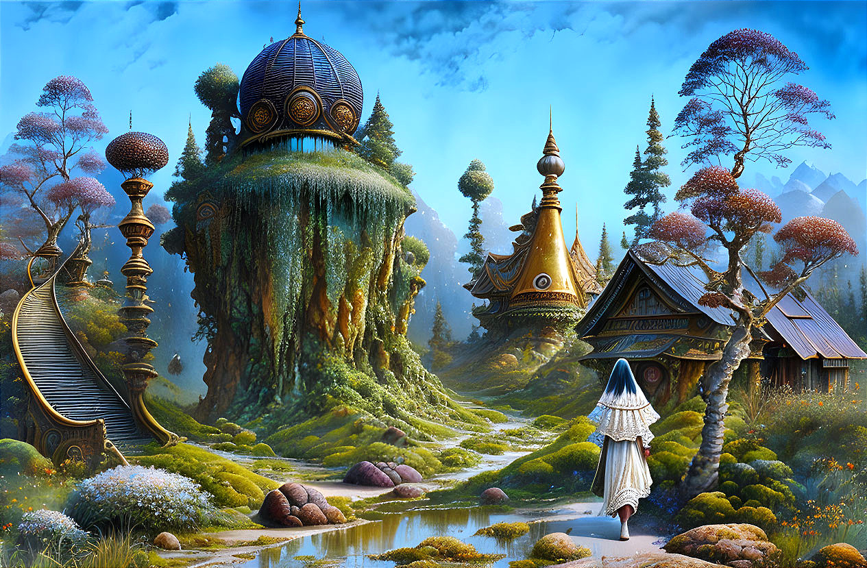 Fantasy landscape with whimsical architecture, lush greenery, and figure walking.