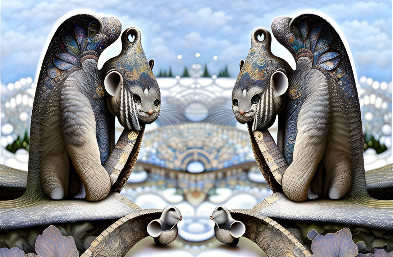 Symmetrical digital artwork of ornate peacock-like creatures with cat faces