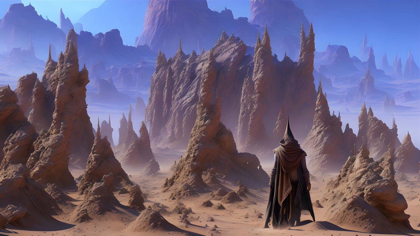 Cloaked figure in desert with jagged rocks under blue sky