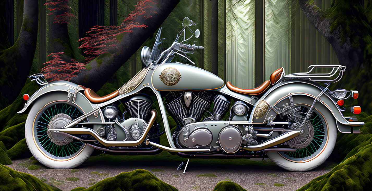 Vintage motorcycle parked in mossy forest with red-leafed trees