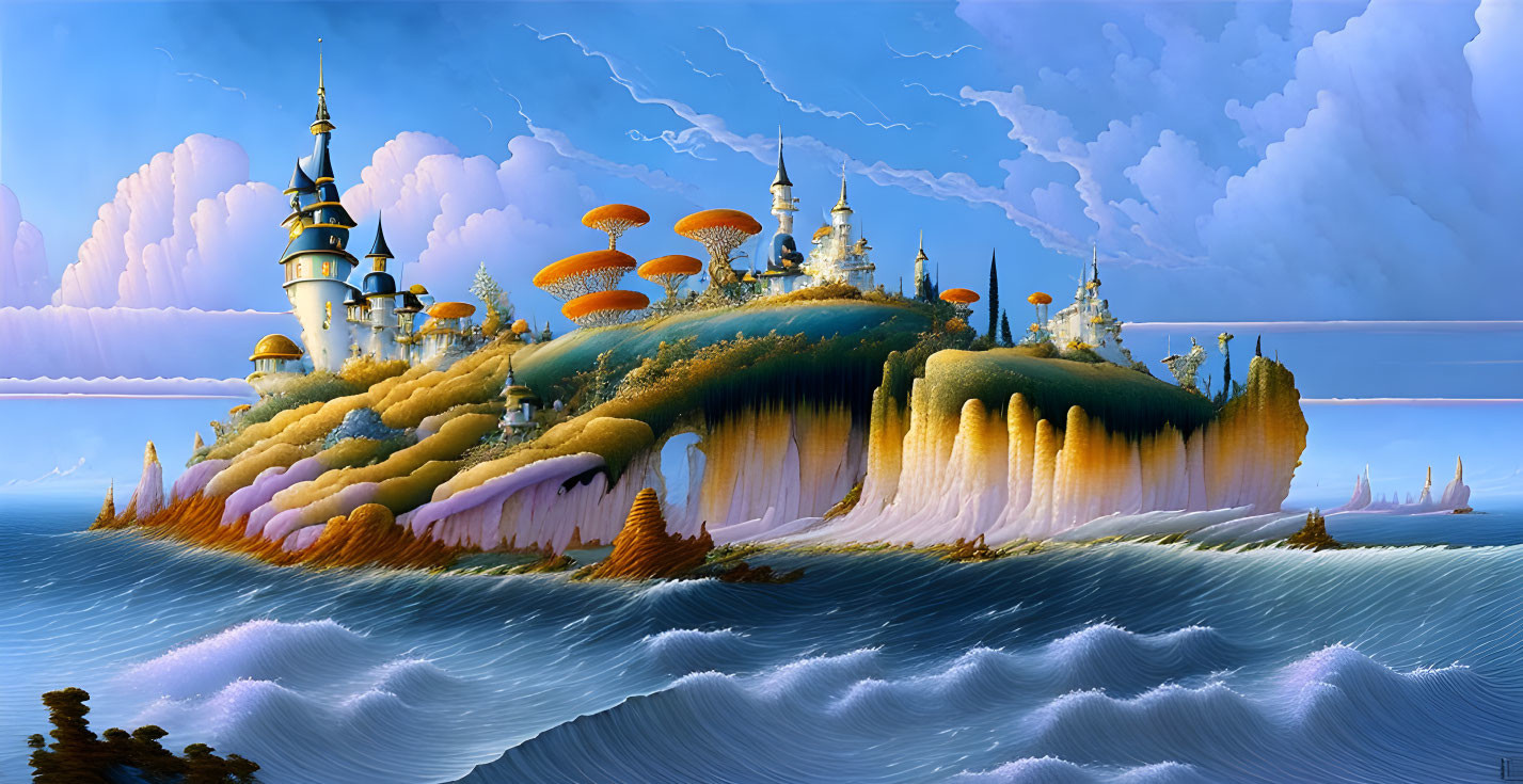 Fantastical island with castle and mushroom-like structures in serene ocean