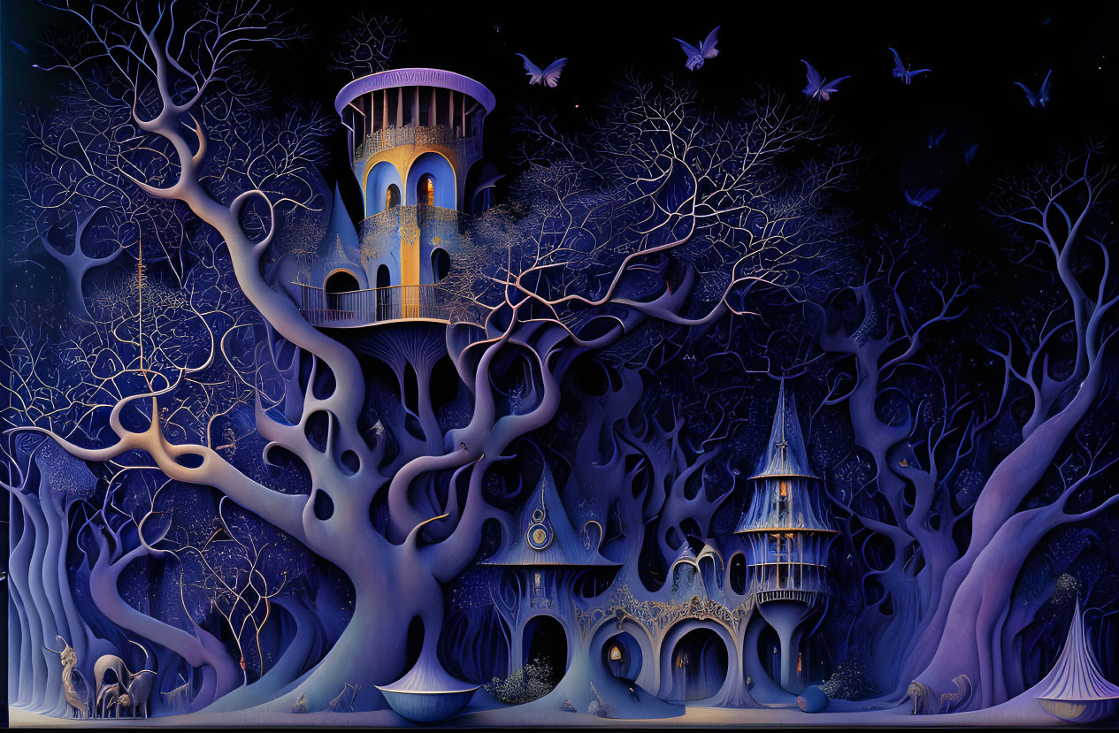 Surreal tree-integrated castle in whimsical night scene