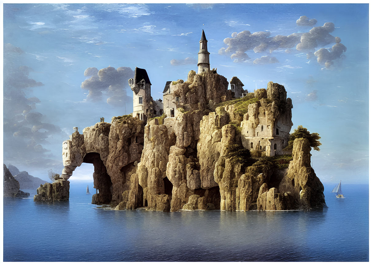 Fantastical castle on rugged cliff by the sea with boats and serene sky