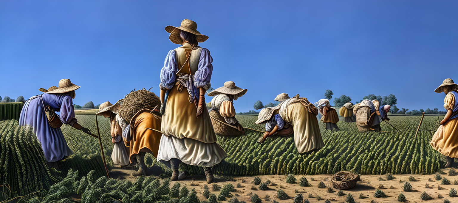 Traditional attired people harvesting crops in a green field under a clear blue sky