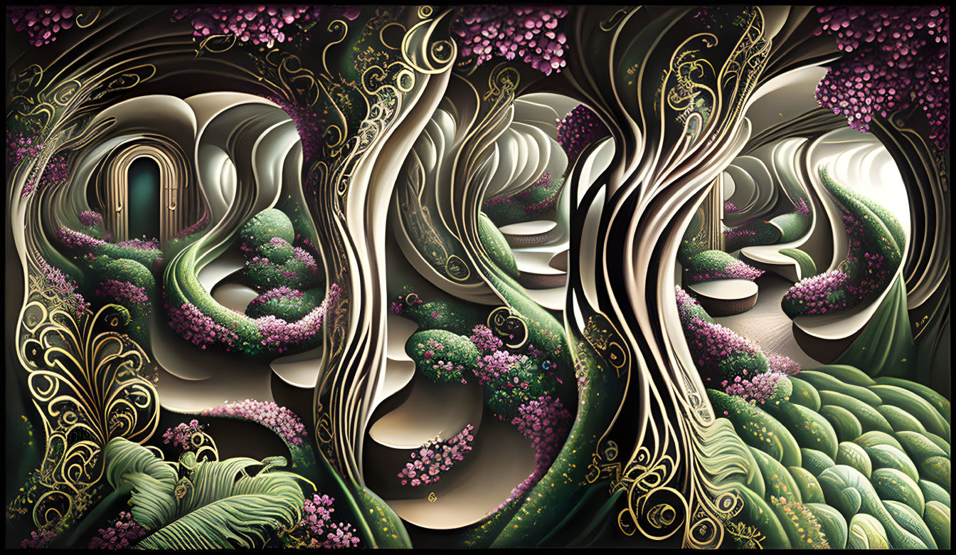 Stylized forest with swirling patterns and pink florals