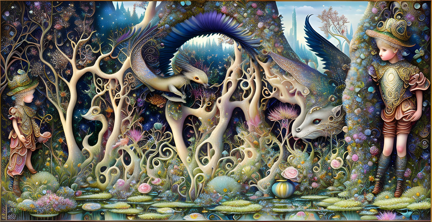 Intricate fantastical image of mythical creatures and humanoid in dreamlike landscape