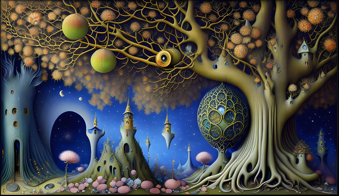 Fantastical scene with intricate tree, castles, otherworldly flora, and celestial bodies