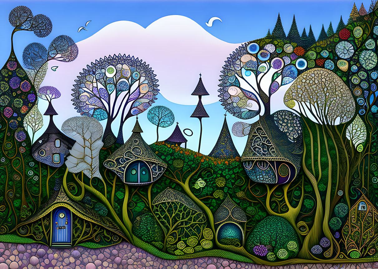 Colorful whimsical forest illustration with stylized trees and mushroom houses