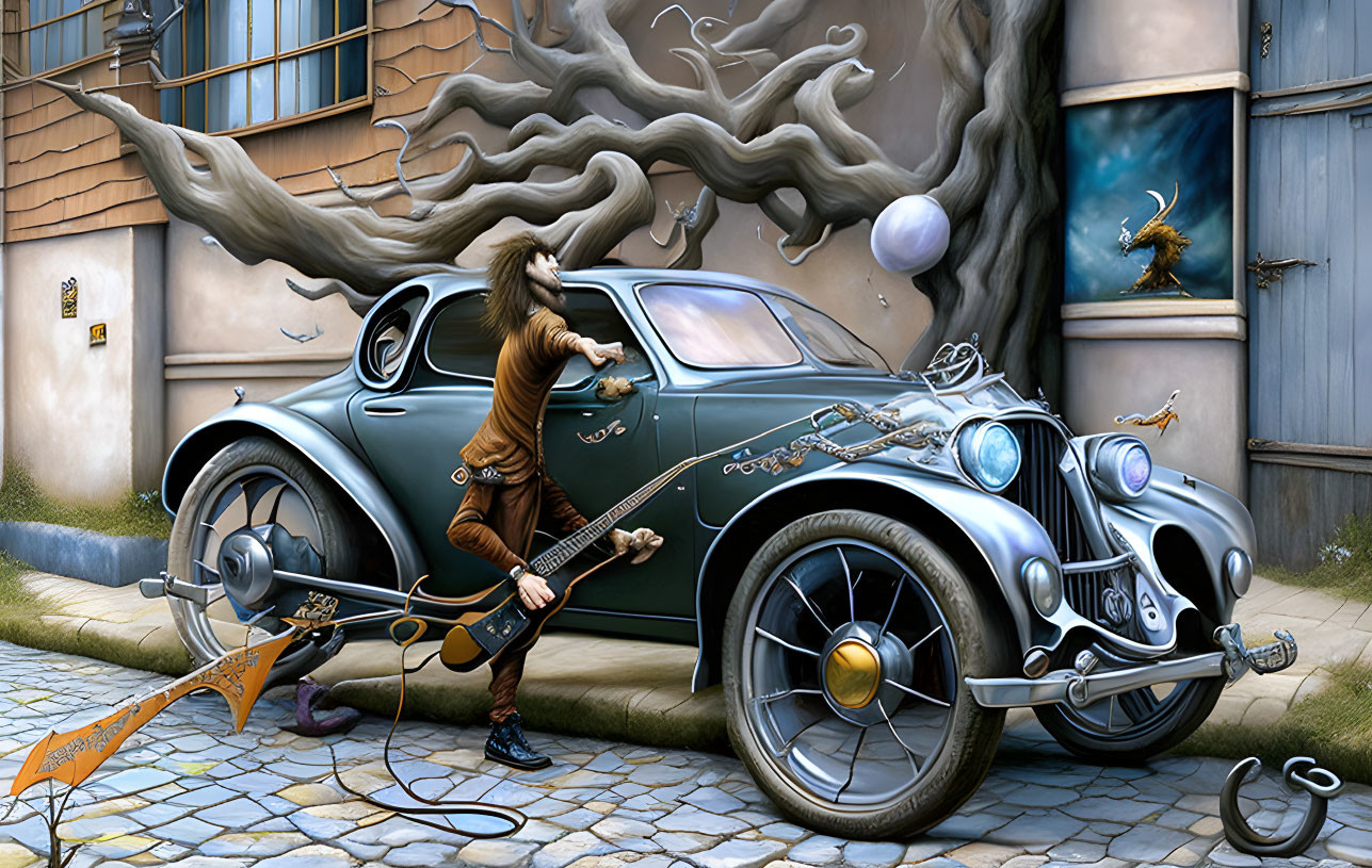 Anthropomorphic lion playing guitar near classic car and floating orbs.