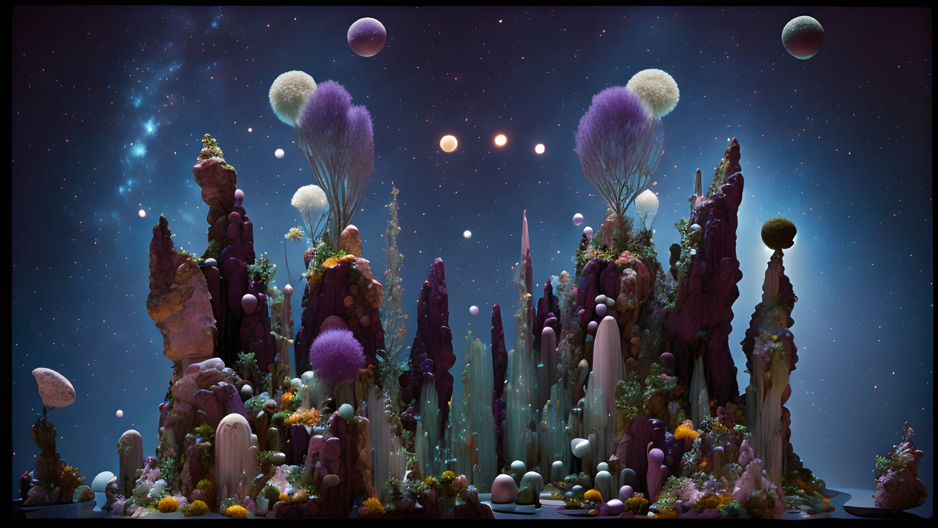 Vibrant mushroom-like flora in cosmic rock landscape