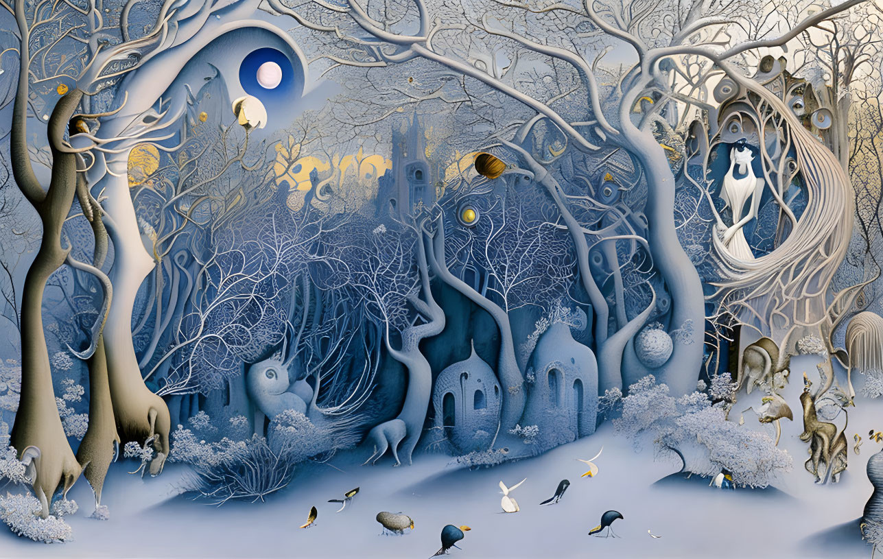 Fantastical landscape with stylized trees, animals, and castle in blues, whites, and gold