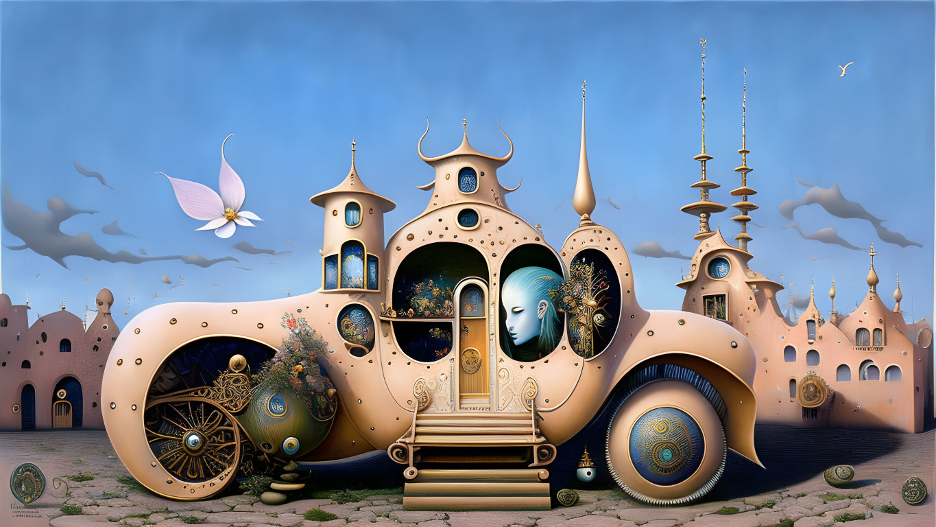 Steampunk-inspired vehicle with castle-like architecture and peacock feather designs