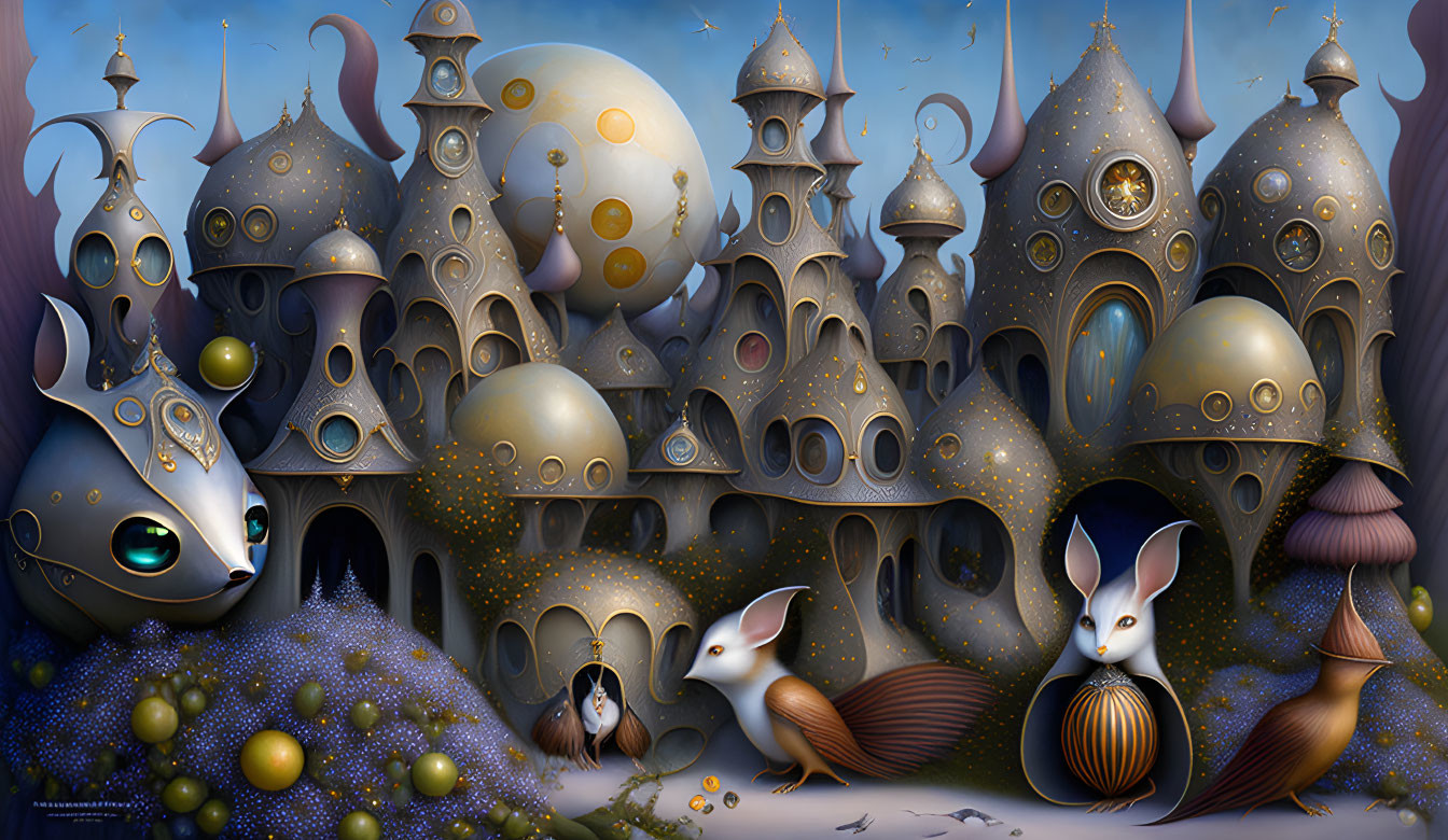 Fantasy landscape with anthropomorphic animals and surreal buildings