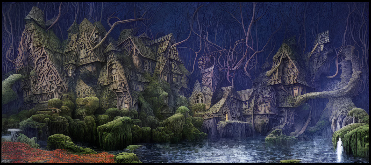 Whimsical tree-shaped houses in fantasy village near misty lake