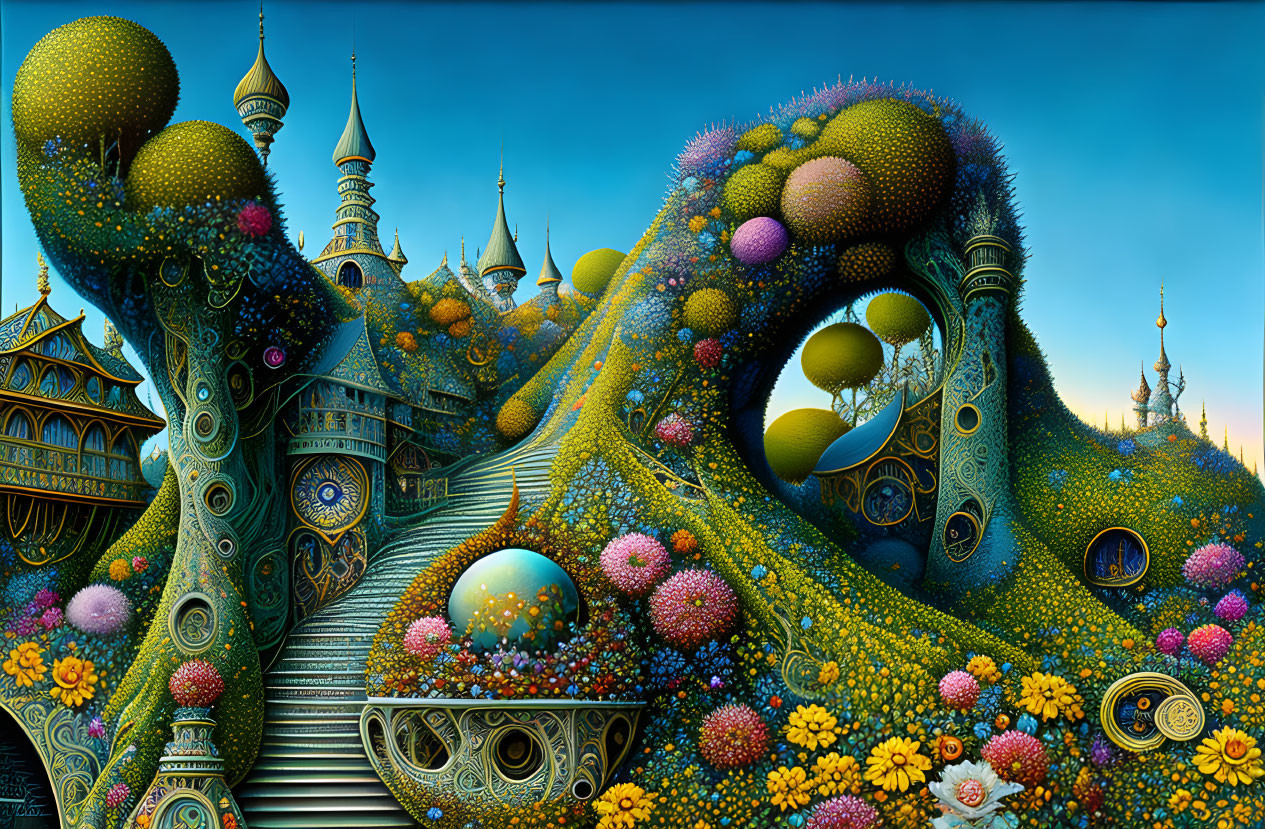 Colorful surreal landscape with organic structures and onion domes