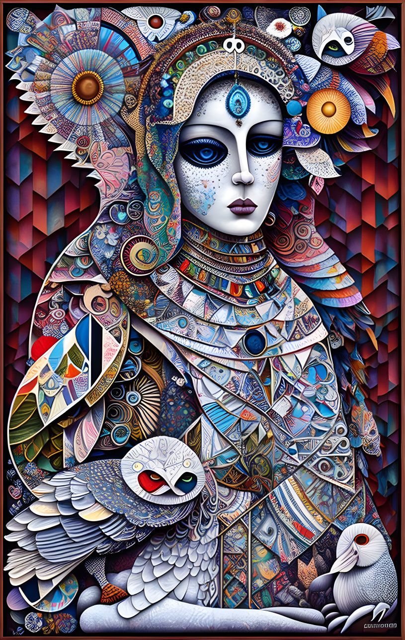 Colorful artwork: stylized female figure with animals and geometric backdrop