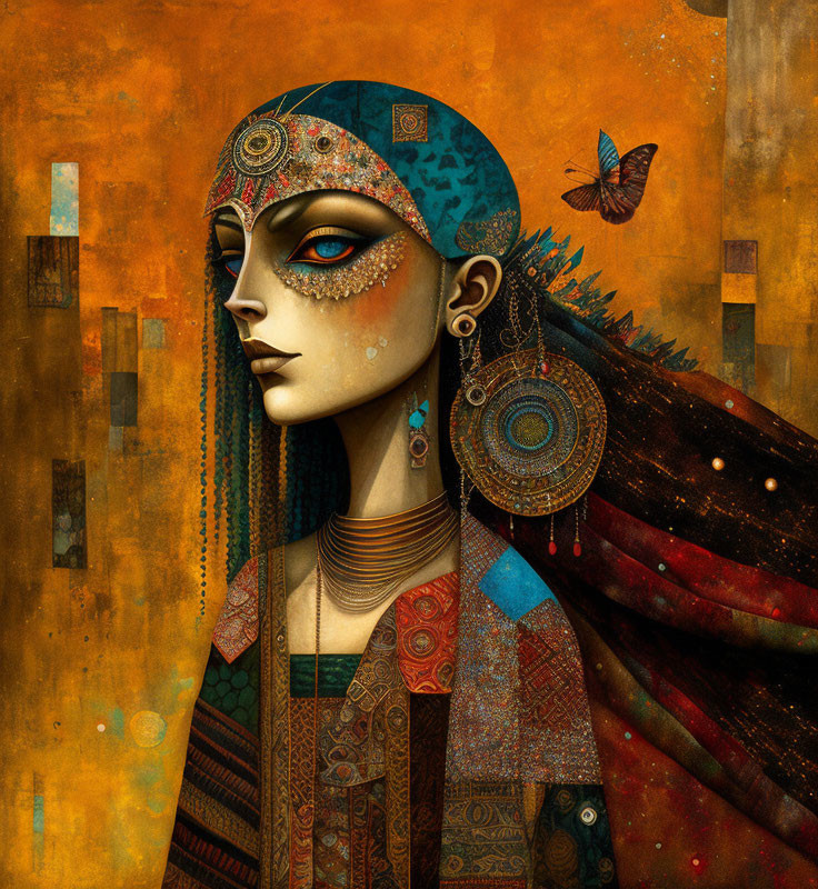 Stylized portrait of woman with blue eyes, ornate headwear, colorful cloak, and butterfly