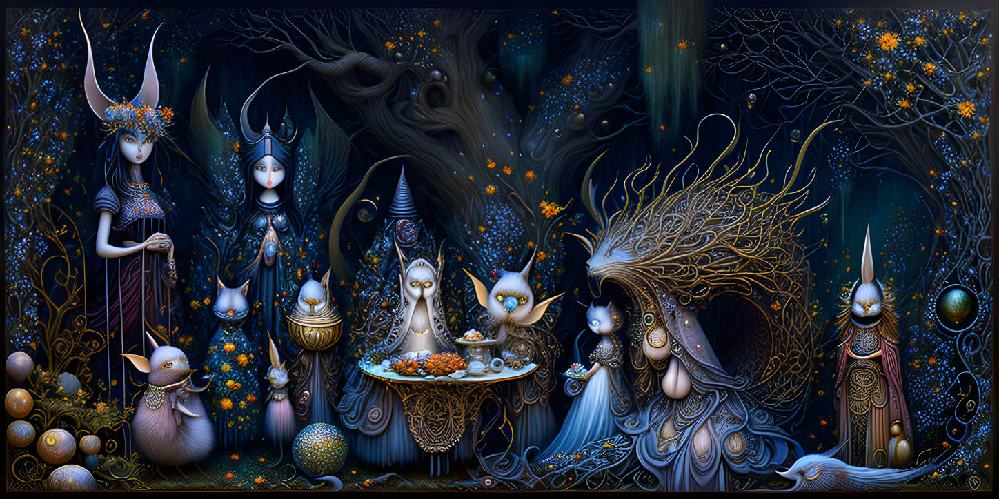 Fantastical dark forest with ethereal creatures and mystical animals.