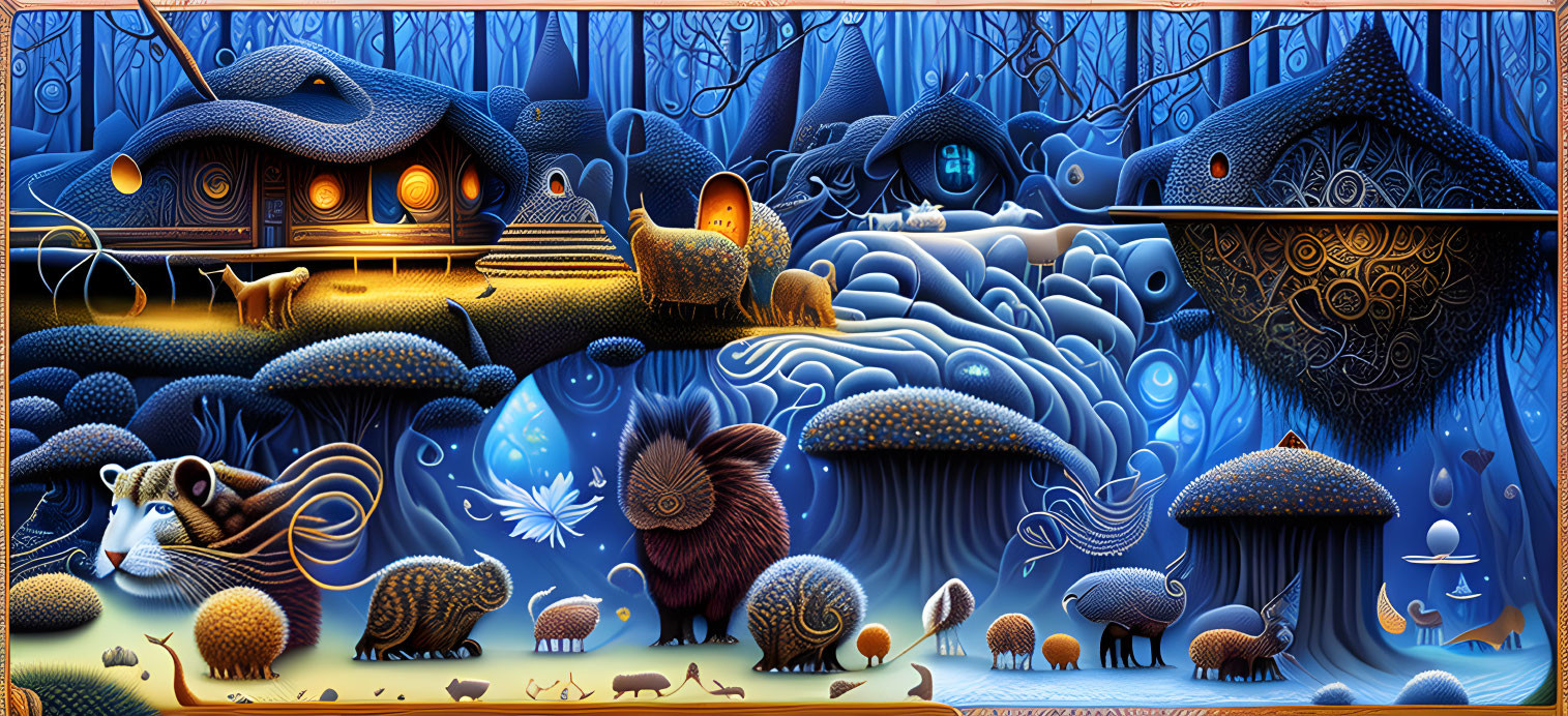 Colorful Fantasy Forest Scene with Stylized Animals and Glowing Treehouses