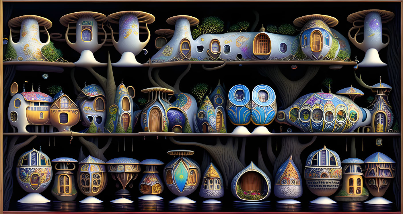 Whimsical pottery collection on surreal shelves