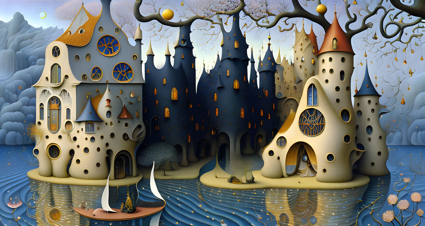 Surreal panoramic landscape with whimsical architecture and melting towers