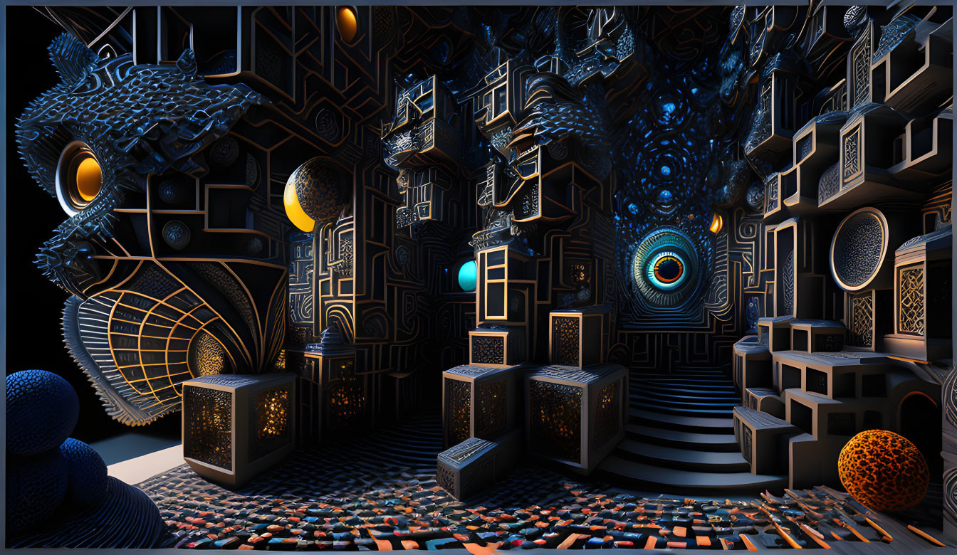 Abstract futuristic scene: ornate geometric patterns, spiraling staircase, glowing blue elements on dark backdrop