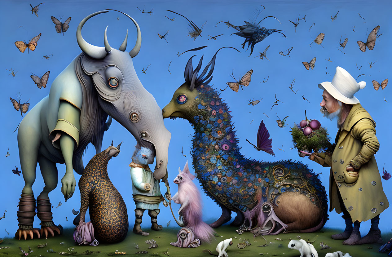 Colorful Artwork: Man in Yellow Coat with Fantastical Creatures