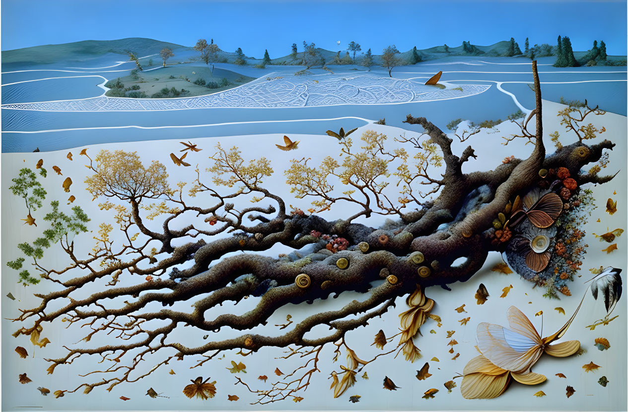 Detailed surreal artwork: tree branch, mushrooms, leaves, berries, blue river landscape