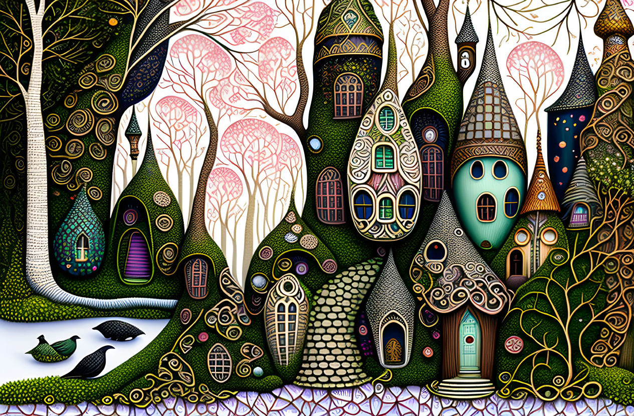 Whimsical fantasy landscape with vibrant forest and stylized houses