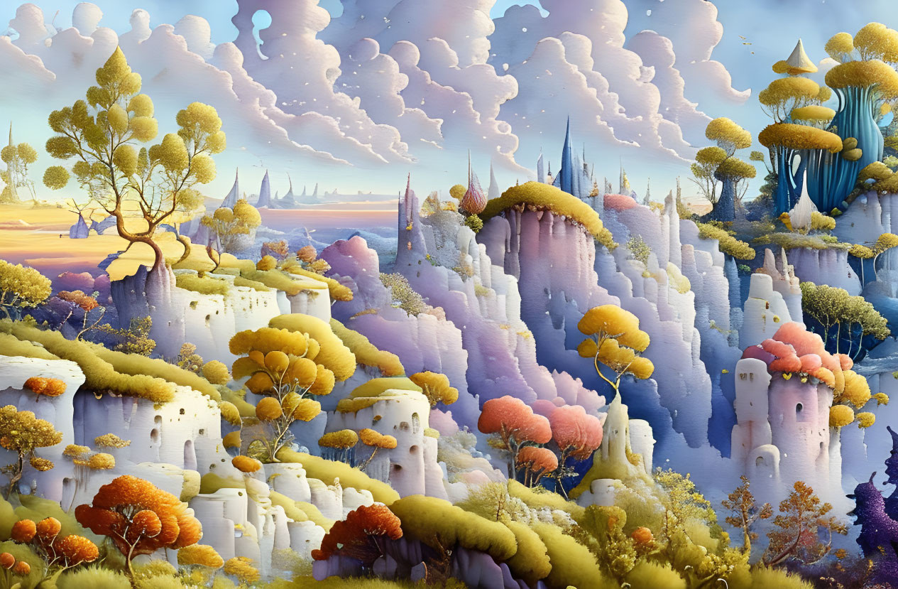 Fantastical landscape with castle-like rock formations and oversized mushrooms under a pastel sky