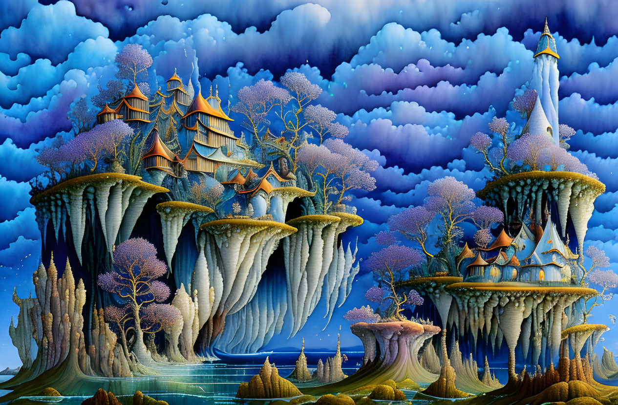 Fantasy landscape with floating rock formations and whimsical trees under dramatic sky