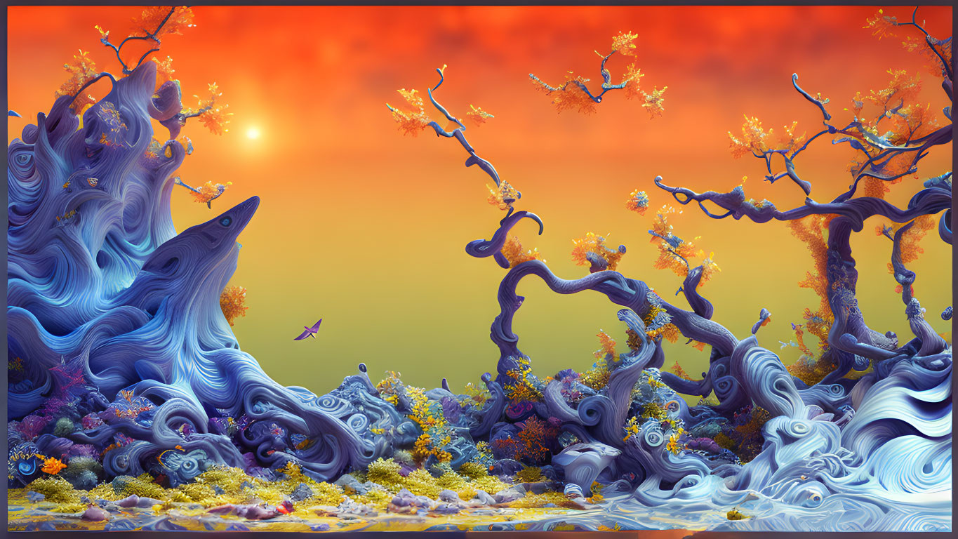 Vibrant surreal landscape: swirling blue trees, orange sky, setting sun, flowers, solitary bird