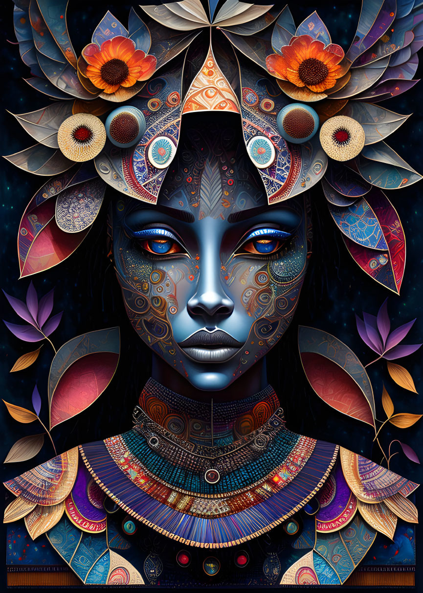 Mystical woman with blue skin in vibrant headdress on starry night background