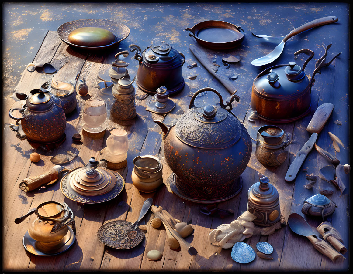 Rustic teapots, spoons, cups, and pottery on wooden table