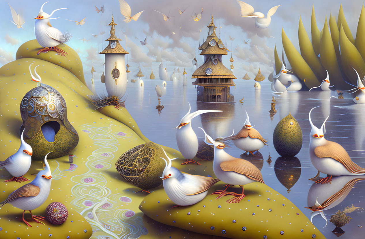 Surreal landscape featuring stylized birds, whimsical structures, ornate eggs, and smooth hills