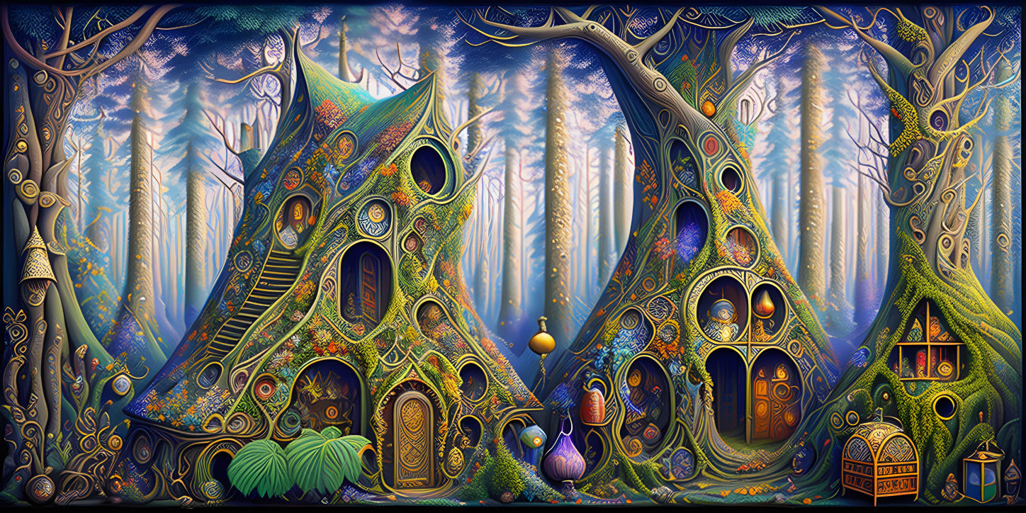 Colorful Forest with Whimsical Treehouses and Glowing Orbs