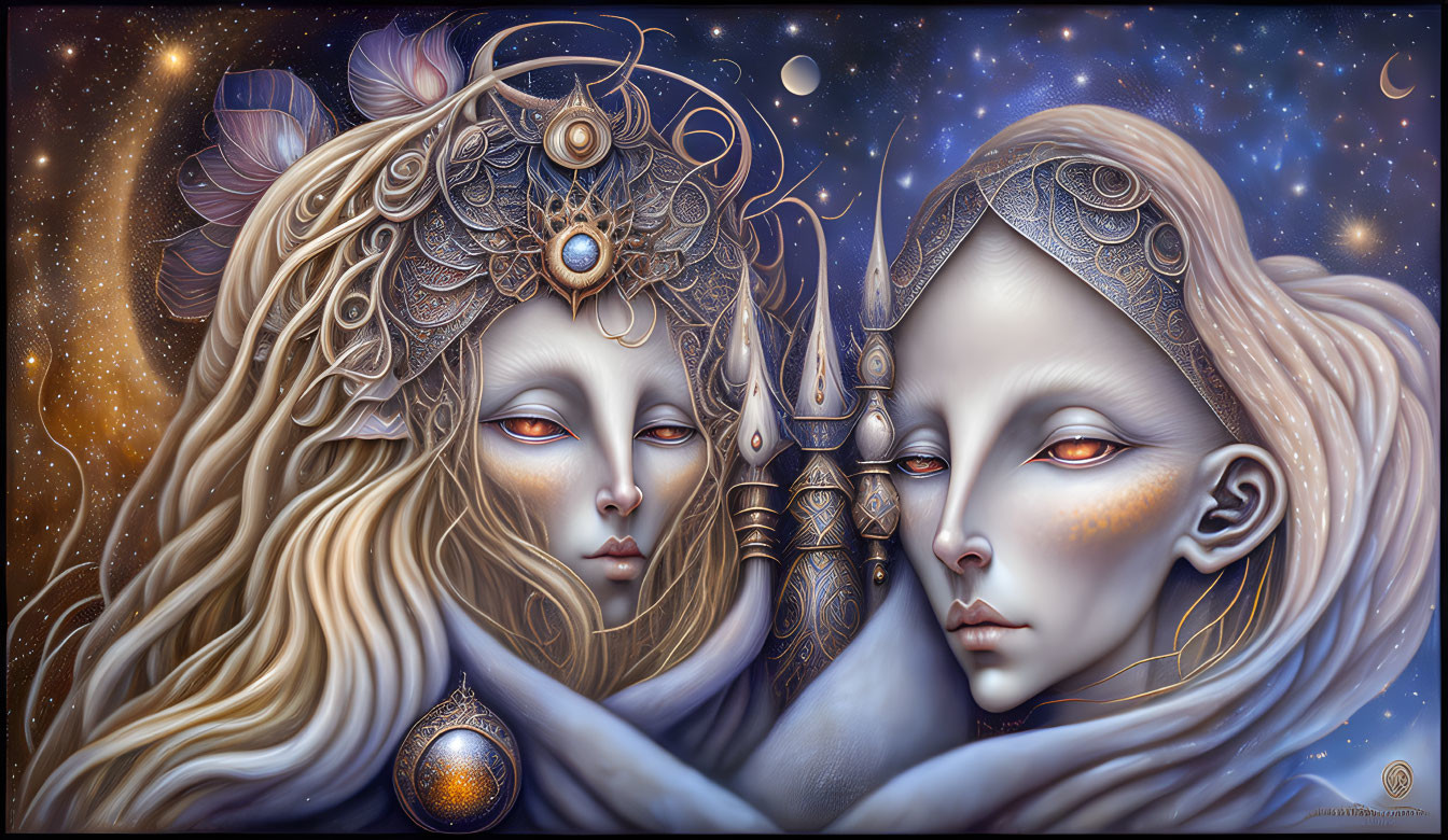 Ethereal beings with elaborate headpieces in cosmic digital painting