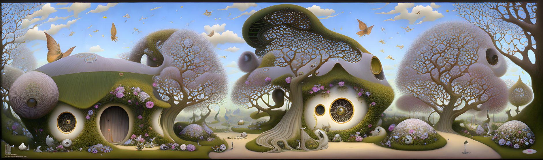 Whimsical tree-like houses in fantasy landscape at dawn/dusk