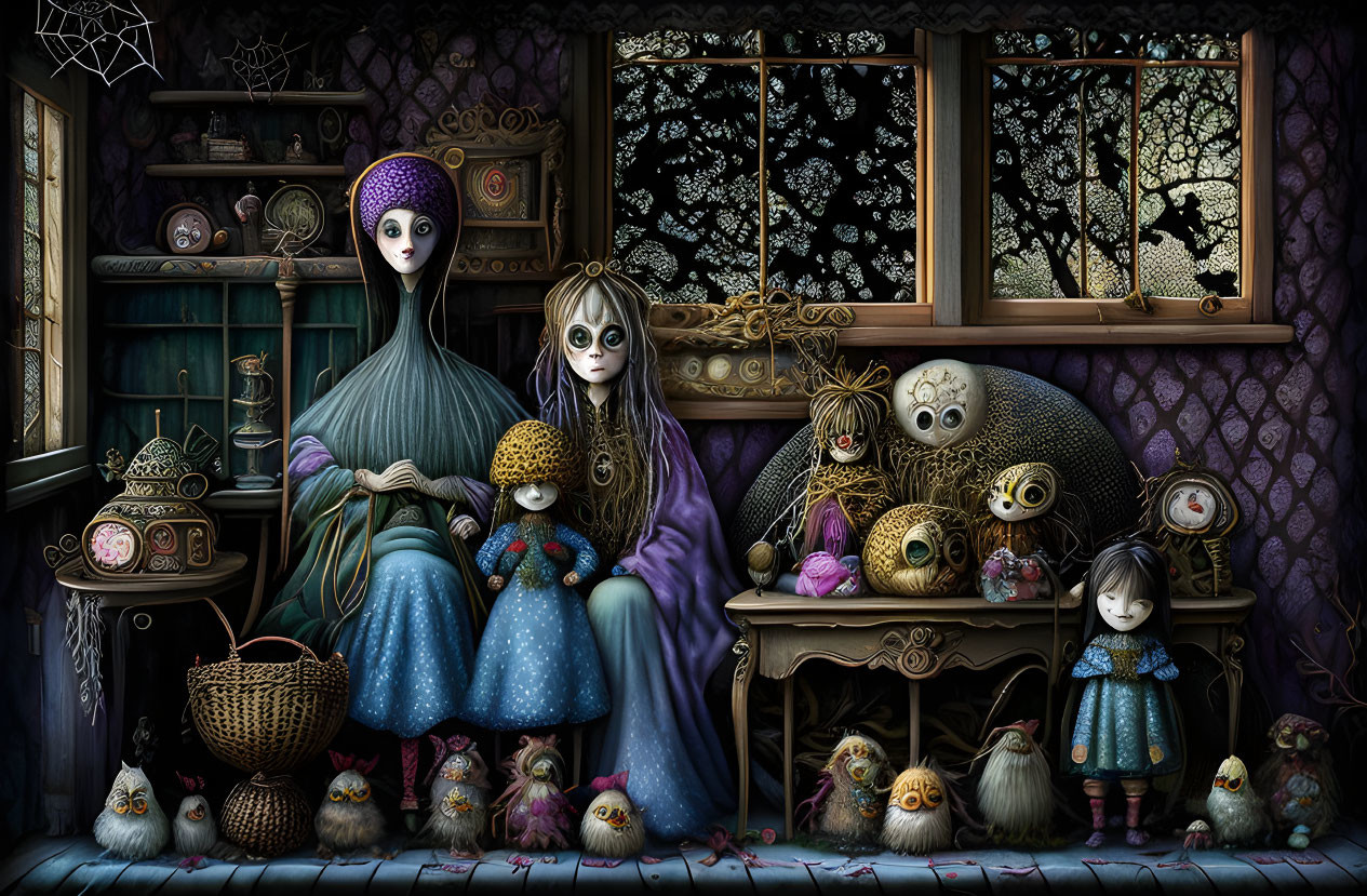 Stylized characters with large eyes among whimsical creatures in dark room