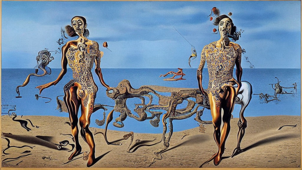 Surreal ornate figures connected on beach with blue sky