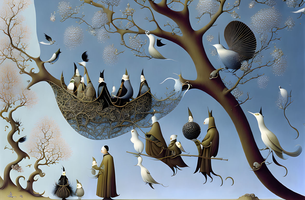 Surreal artwork: Large tree, monochrome birds, floral patterns, central figure in robe