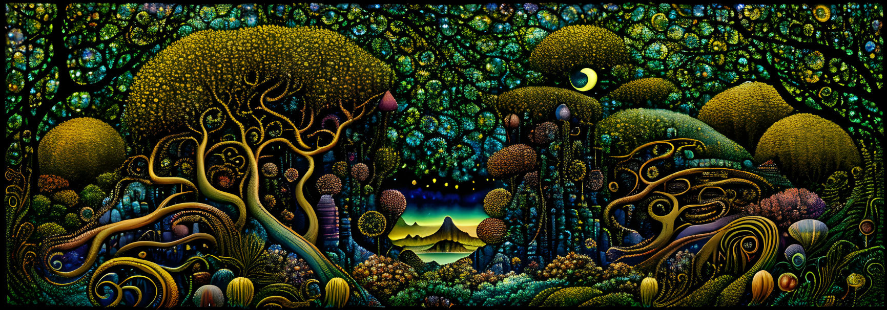 Surreal night landscape with stylized trees and moon