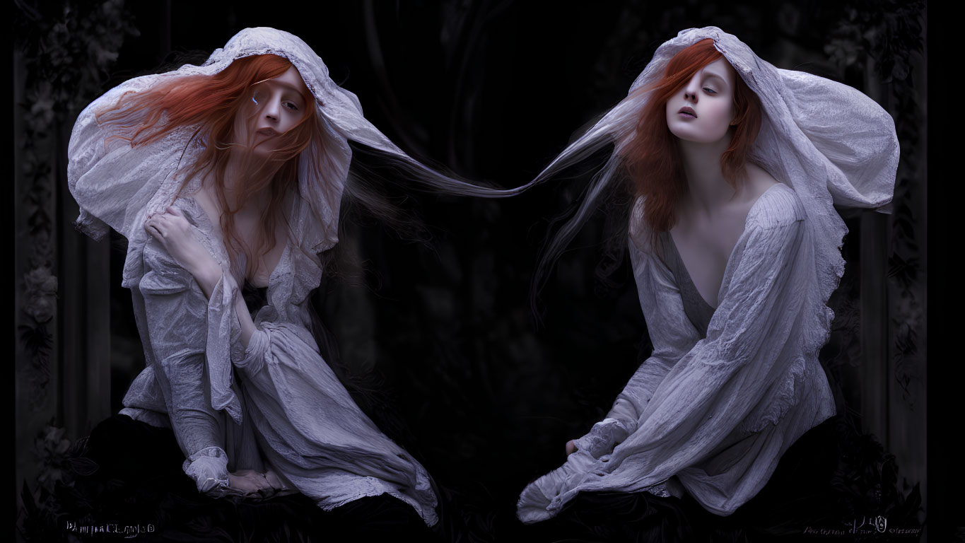 Red-haired woman in white hooded garment sitting in dark forest setting