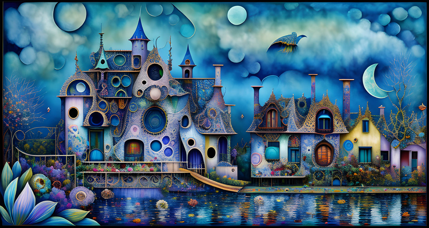 Vibrant fairytale village illustration with unique houses and serene river