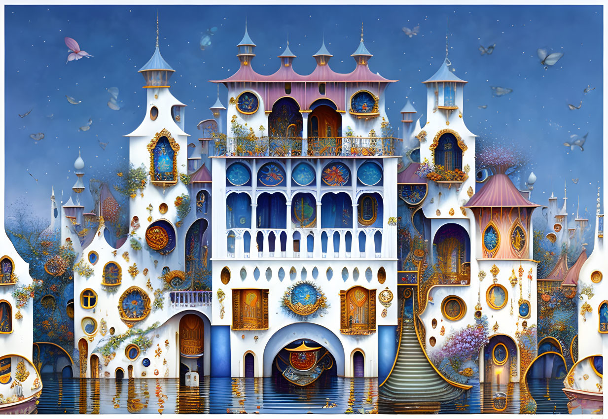 Elaborate fairy-tale castle illustration with towers and butterflies