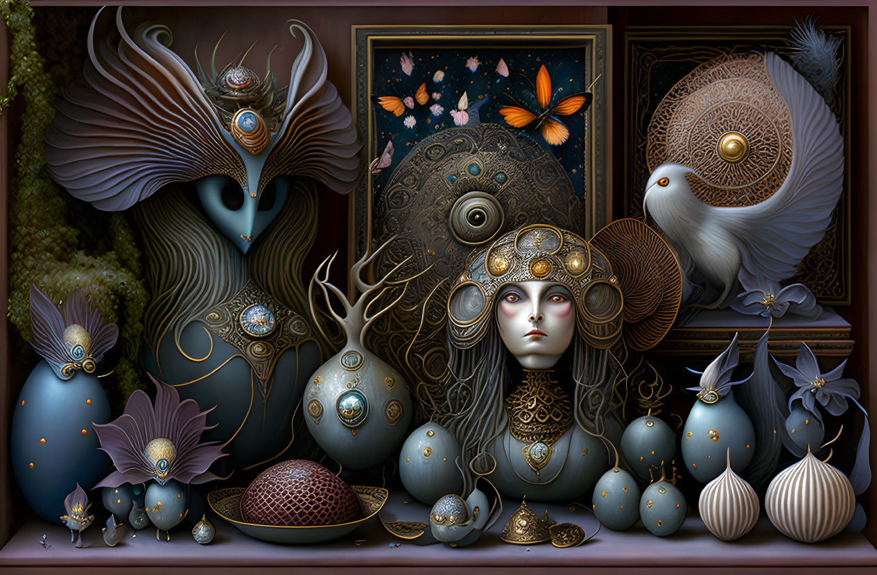 Surrealist artwork with female figure, ornate headgear, creatures, butterflies, botanical motifs