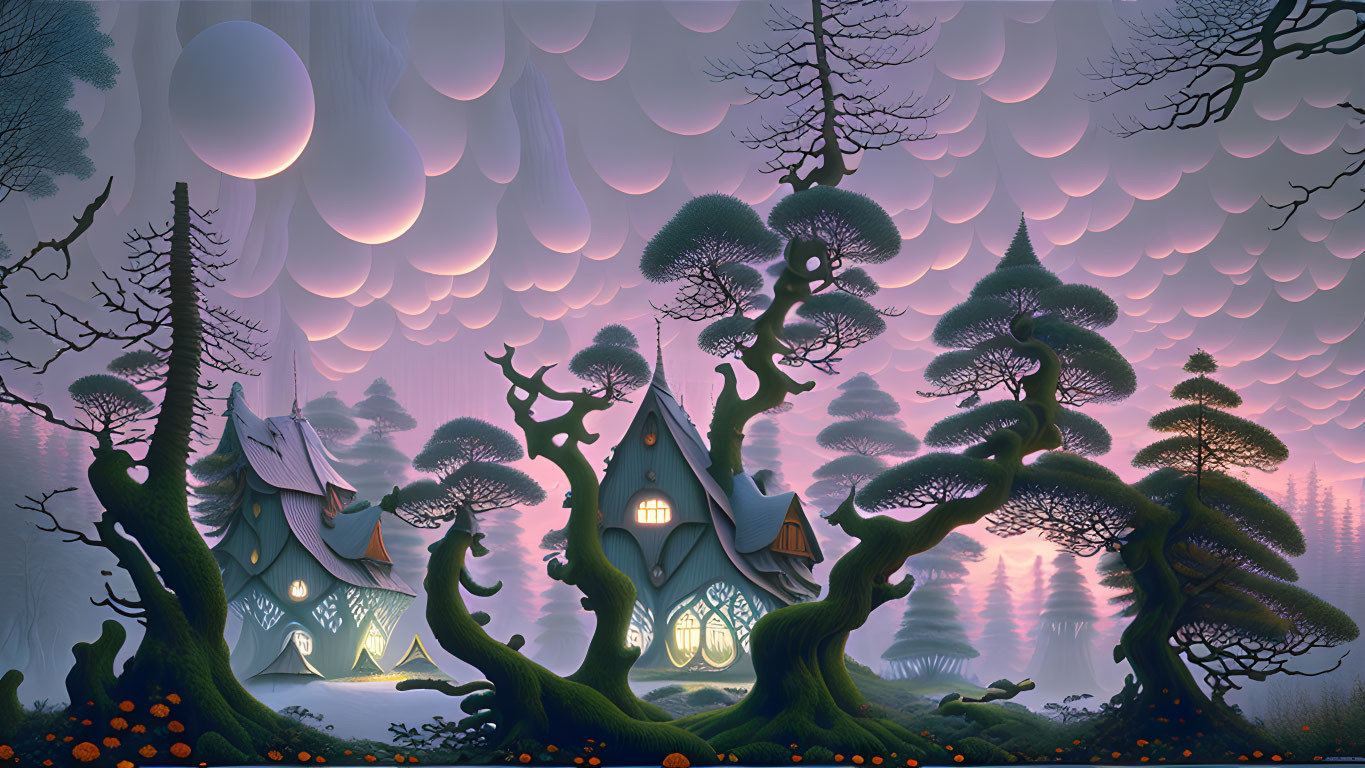 Enchanted forest with tree houses under purple sky